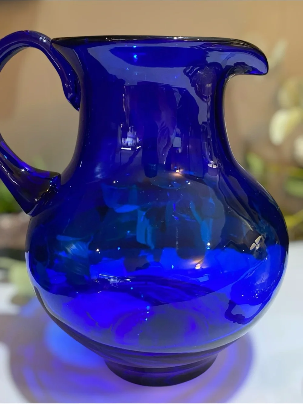 Vintage Signed Blenko Cobalt Blue Pitcher Art Glass Hand Blown Water Iced Tea